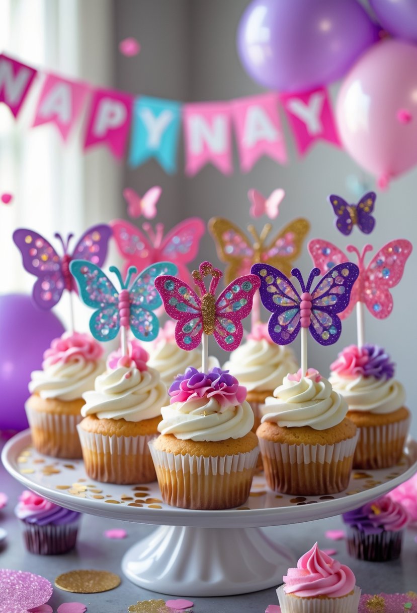 Cupcakes decorated with colorful Fancy Nancy-themed toppers surrounded by matching birthday party decorations.