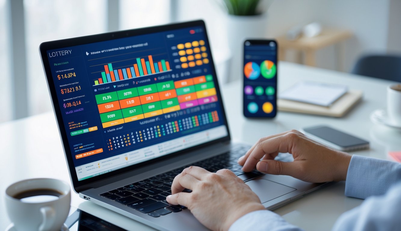 Seseorang menggunakan laptop di meja kerja dengan tampilan grafik dan angka terkait pasar togel online, di ruang kantor yang rapi dan terang.