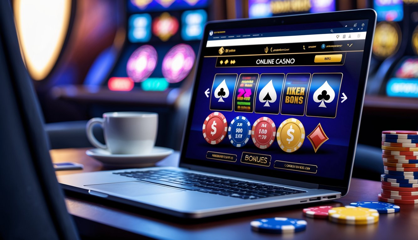 Seseorang menggunakan laptop dengan tampilan situs kasino online dan chip poker di meja.
