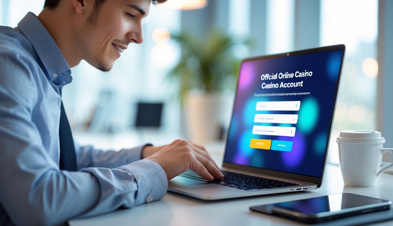 Seseorang sedang mendaftar akun casino online resmi menggunakan laptop di ruang kantor yang terang dan rapi.