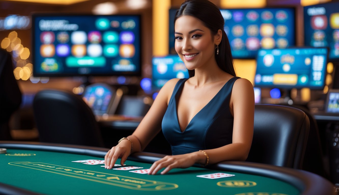 Seorang dealer langsung wanita duduk di meja kasino dengan beberapa layar komputer menampilkan permainan kasino online di latar belakang.