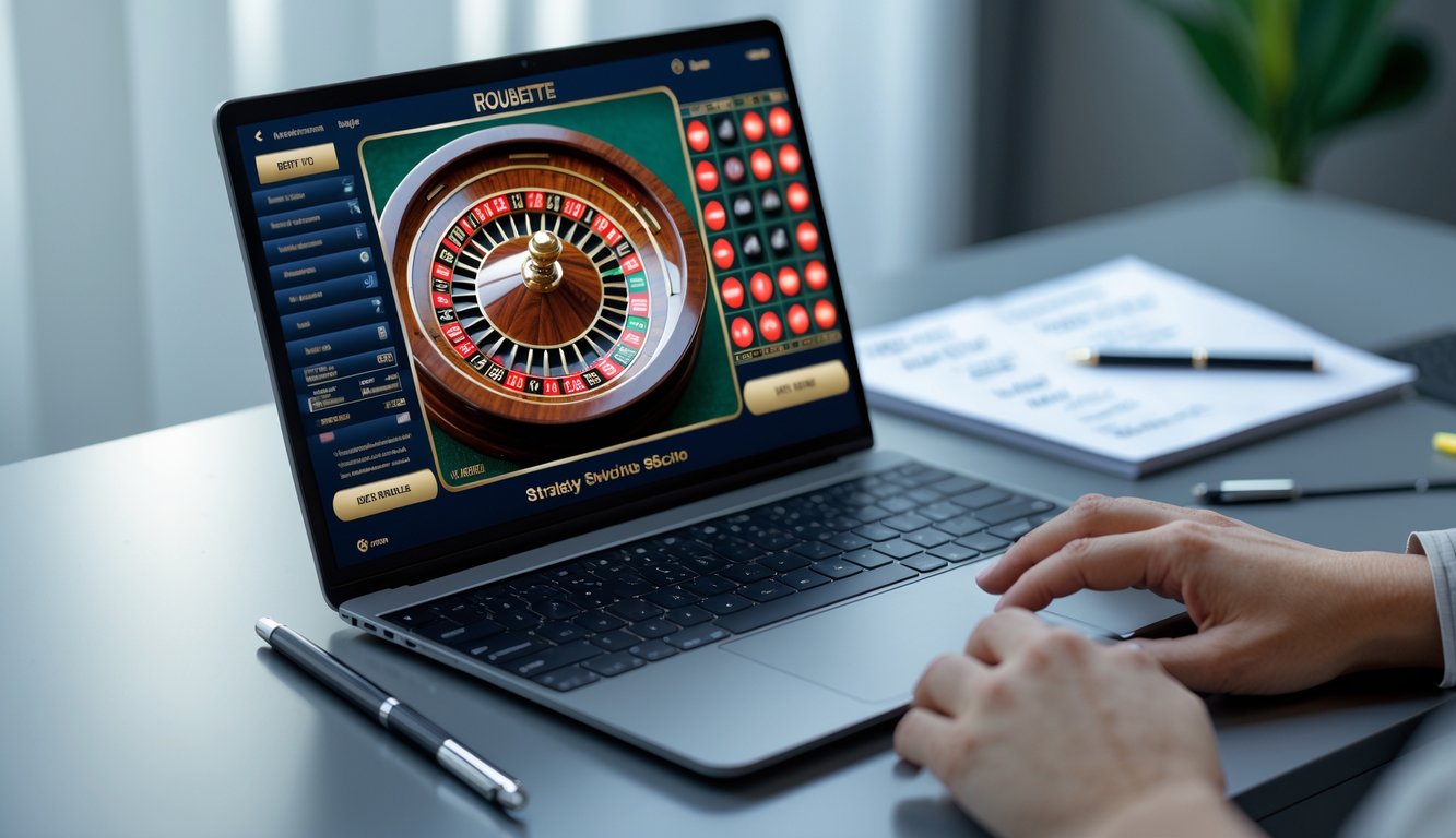 Seseorang menggunakan laptop dengan tampilan roda roulette online dan catatan strategi di meja.