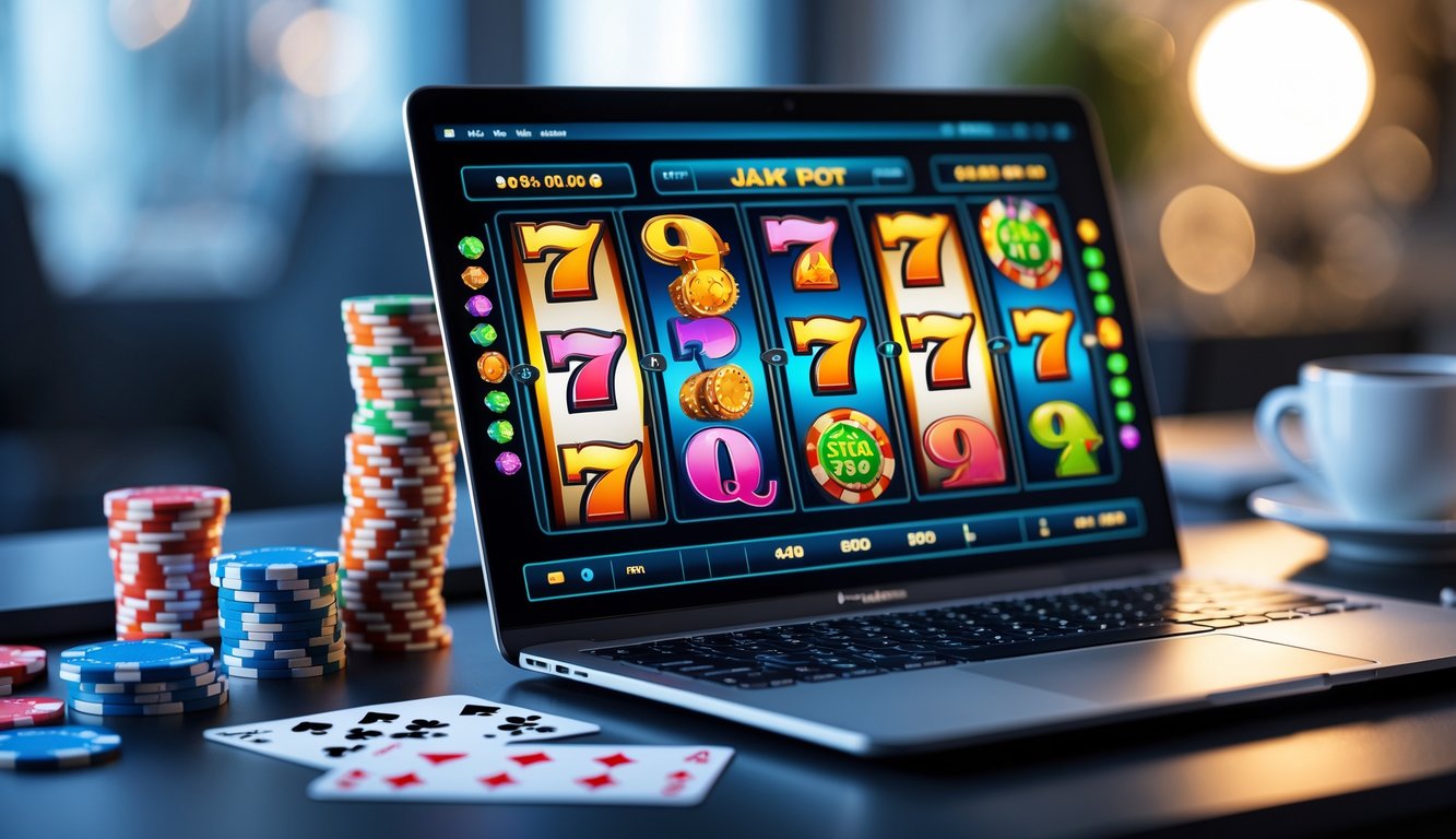 Sebuah laptop di meja dengan permainan slot online yang menampilkan gulungan warna-warni dan simbol jackpot, dikelilingi oleh chip kasino dan kartu remi.