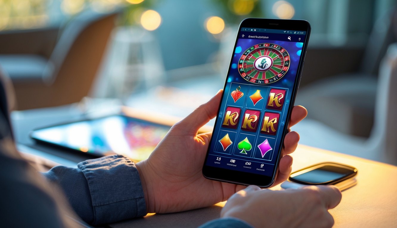 Seseorang menggunakan ponsel Android untuk bermain permainan kasino online dengan latar belakang kabur.