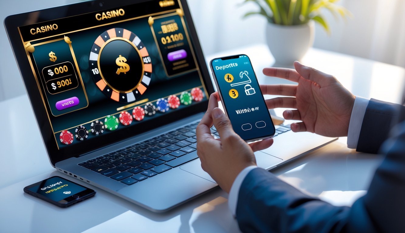 Seseorang menggunakan laptop dan ponsel untuk melakukan transaksi deposit dan penarikan di kasino online.