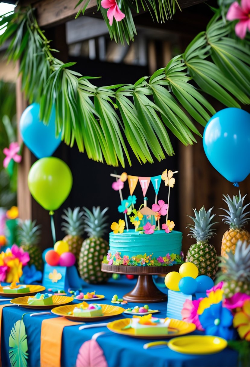 A tropical birthday party scene with green palm leaf garlands and colorful decorations inspired by a Hawaiian theme.