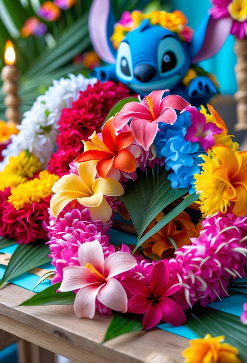 Colorful Hawaiian flower leis arranged on a wooden table with tropical decorations in the background for a birthday party.