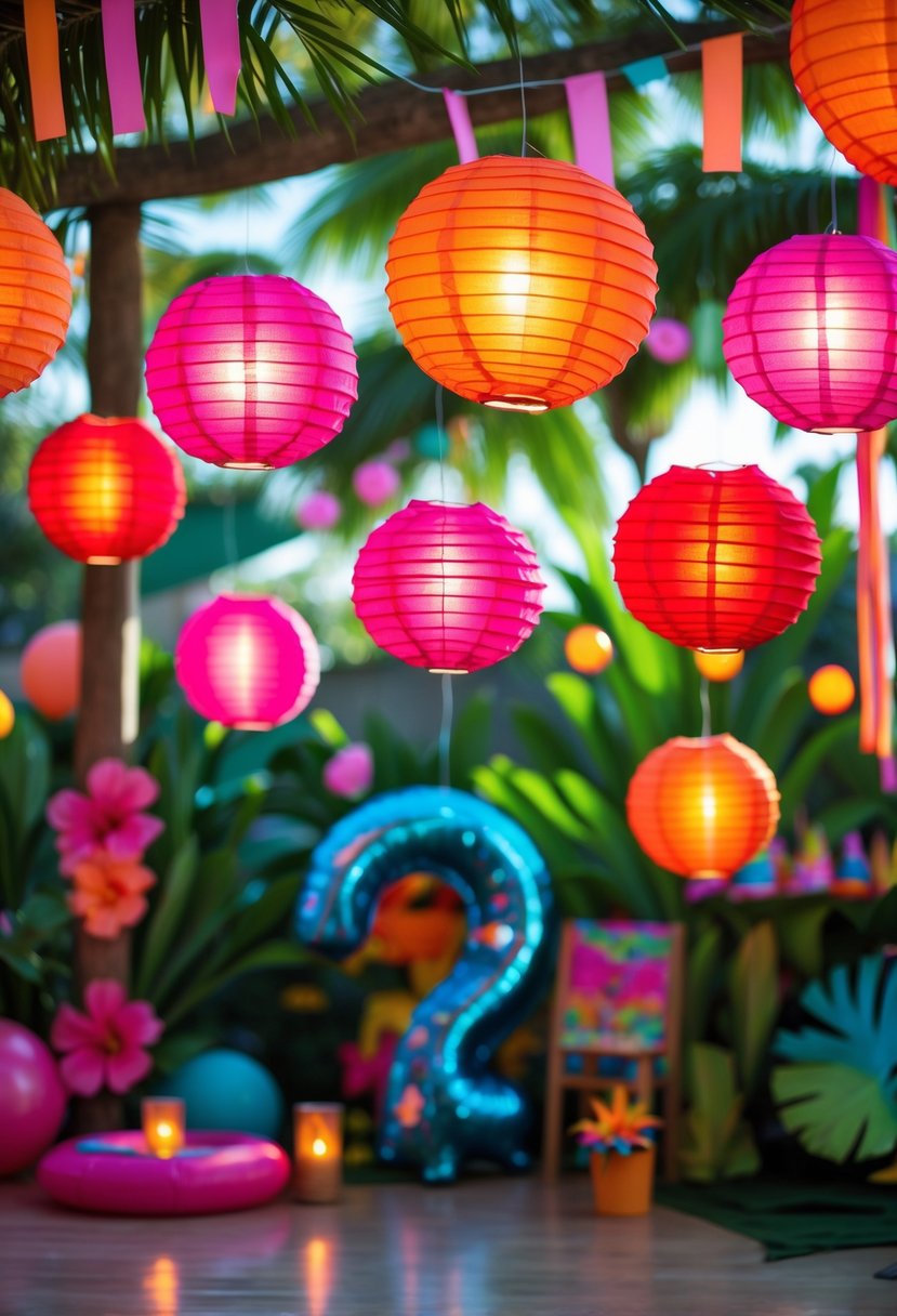 Bright hibiscus paper lanterns hanging among tropical party decorations with green foliage in the background.
