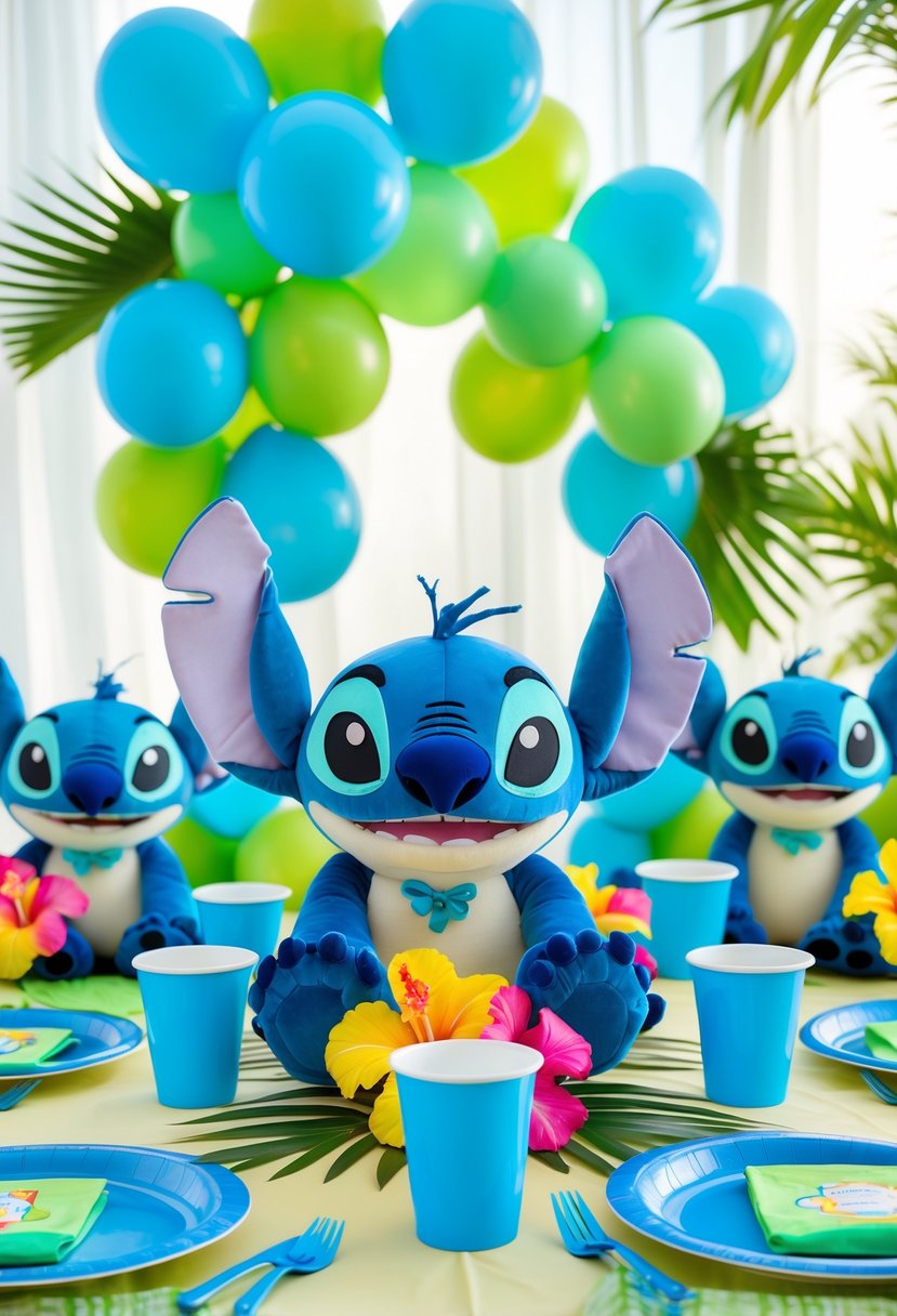 A birthday party table decorated with Stitch plush toys as centerpieces surrounded by tropical-themed decorations and party supplies.