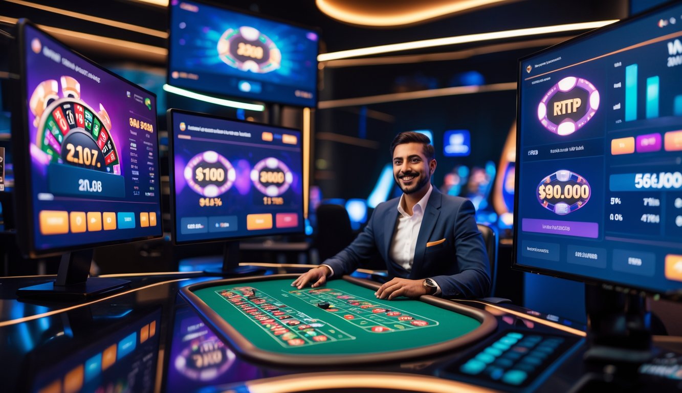 Seorang dealer profesional sedang melakukan streaming langsung permainan kasino online dengan layar komputer menampilkan permainan dan statistik RTP tinggi.