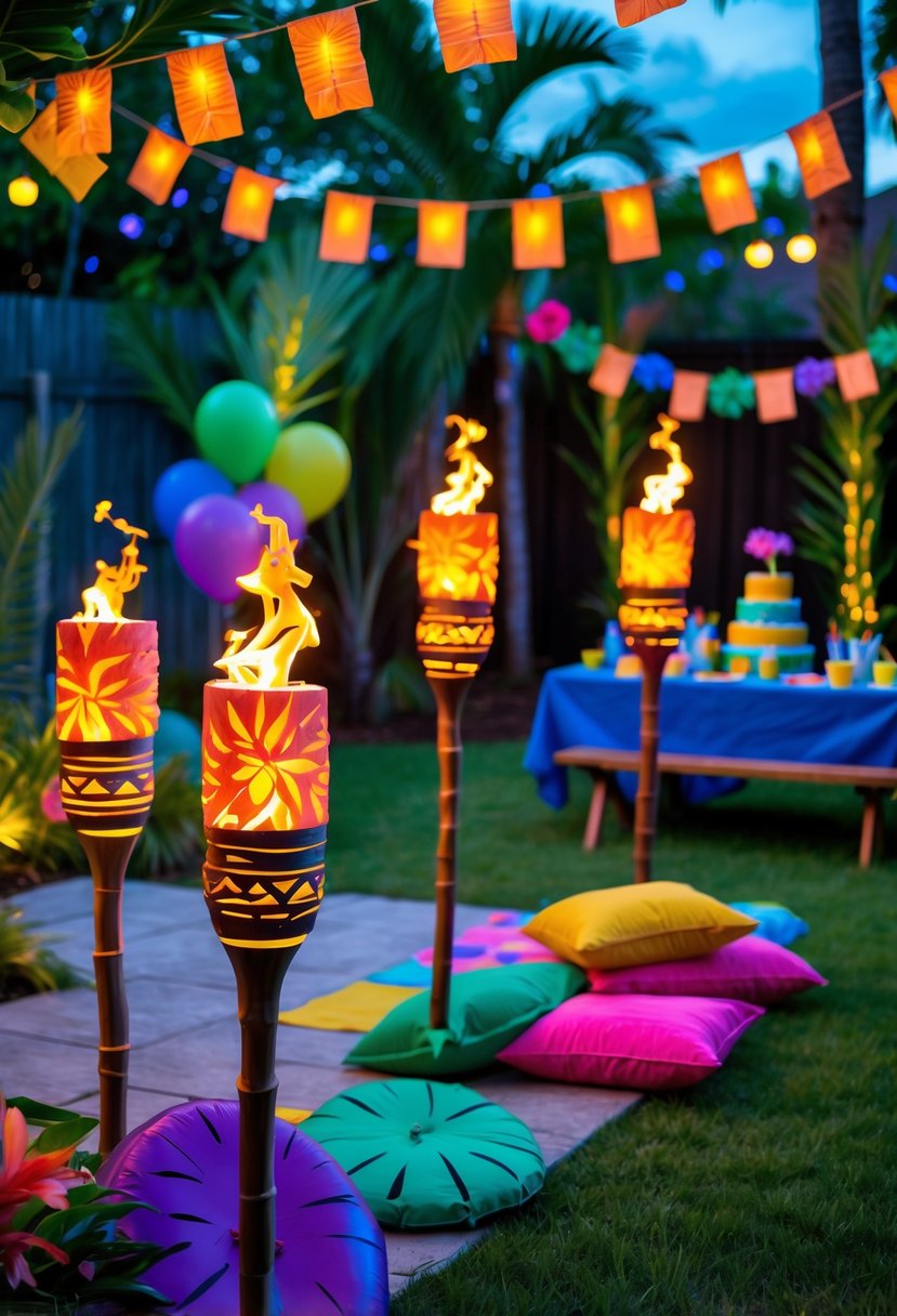 Outdoor birthday party scene with tiki torches lit by LED lights and tropical decorations inspired by Lilo and Stitch.
