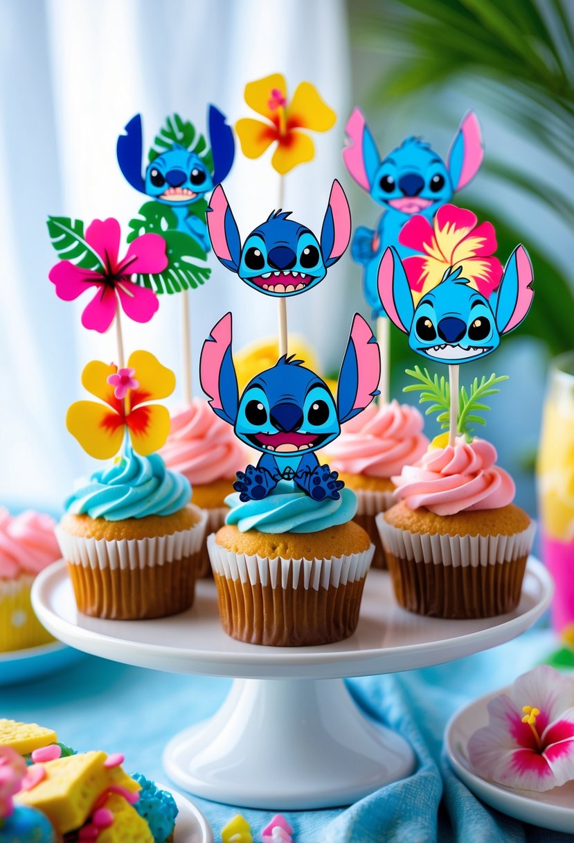 A display of cupcakes decorated with colorful Lilo and Stitch themed toppers featuring characters and tropical elements arranged on a white tiered stand.