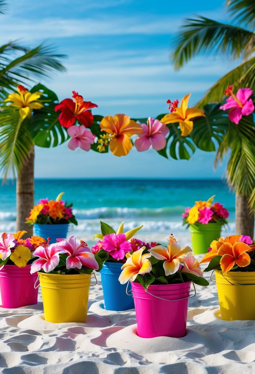 Colorful sand buckets filled with tropical flowers arranged on a sandy beach with ocean waves in the background.