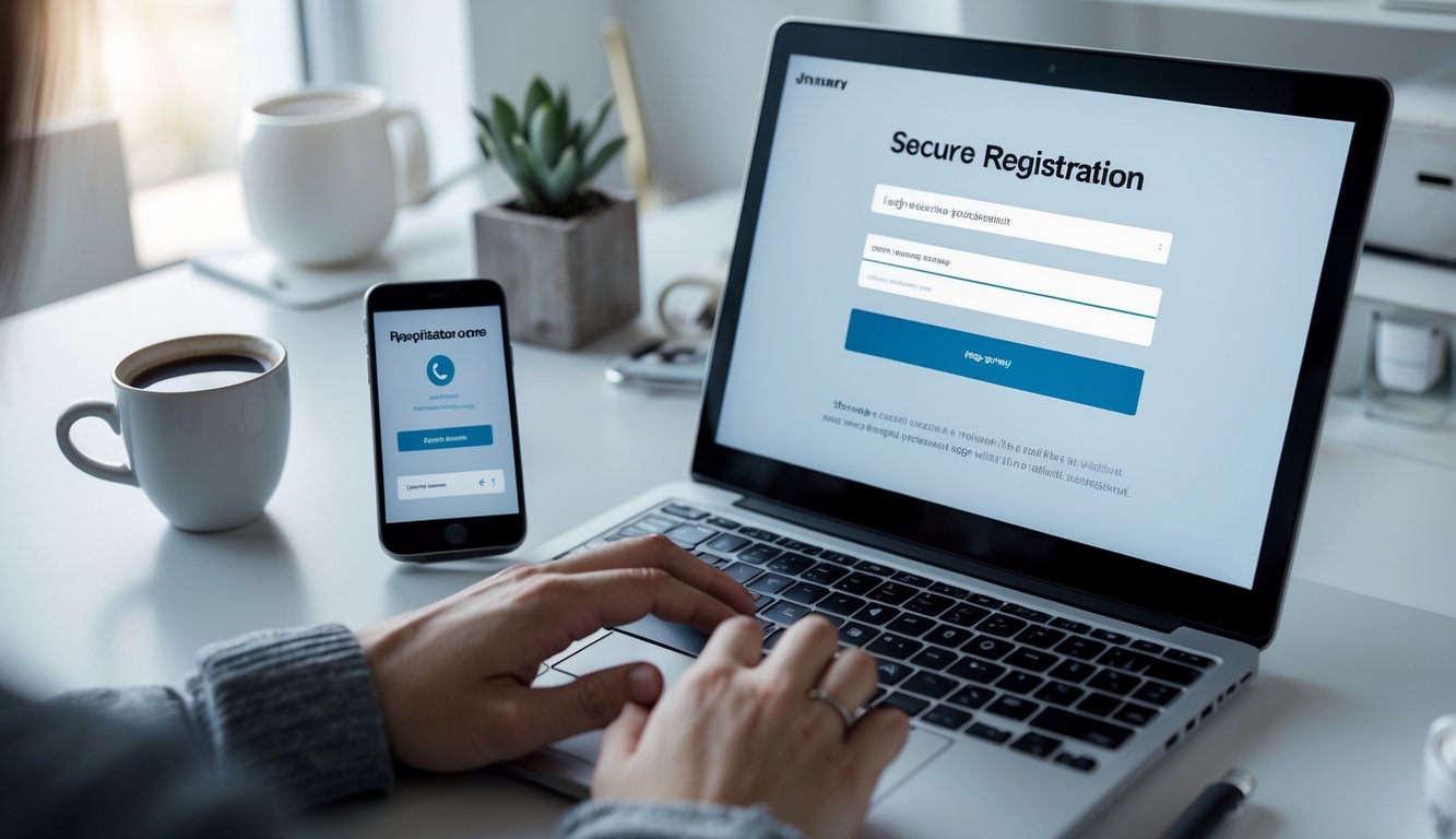 Meja kerja dengan laptop dan ponsel yang menampilkan proses pendaftaran akun online, dengan tangan seseorang sedang mengetik.