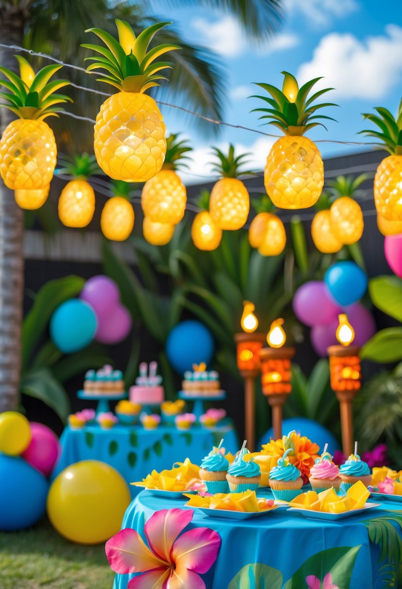 Tropical birthday party decorated with glowing pineapple string lights, colorful balloons, and Hawaiian-themed decorations.