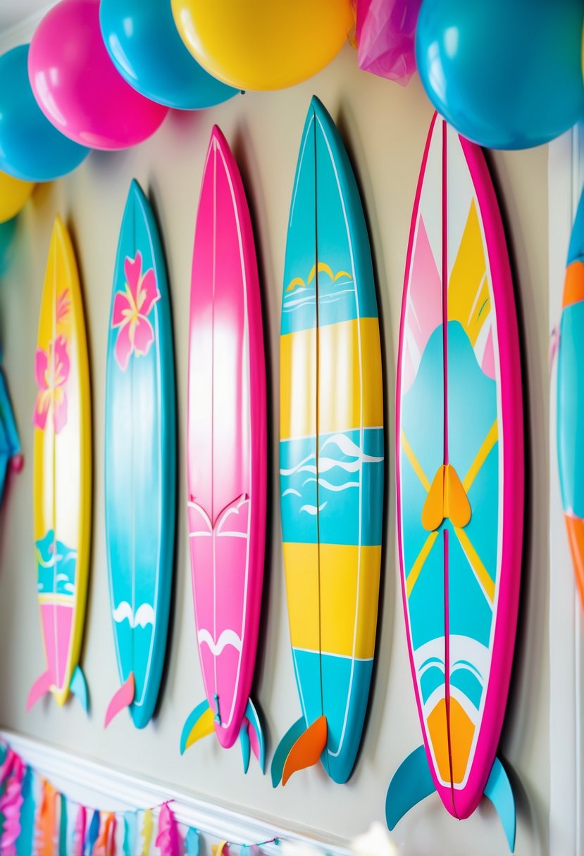 Colorful surfboard-shaped wall cutouts arranged as decorations for a birthday party with tropical-themed patterns.