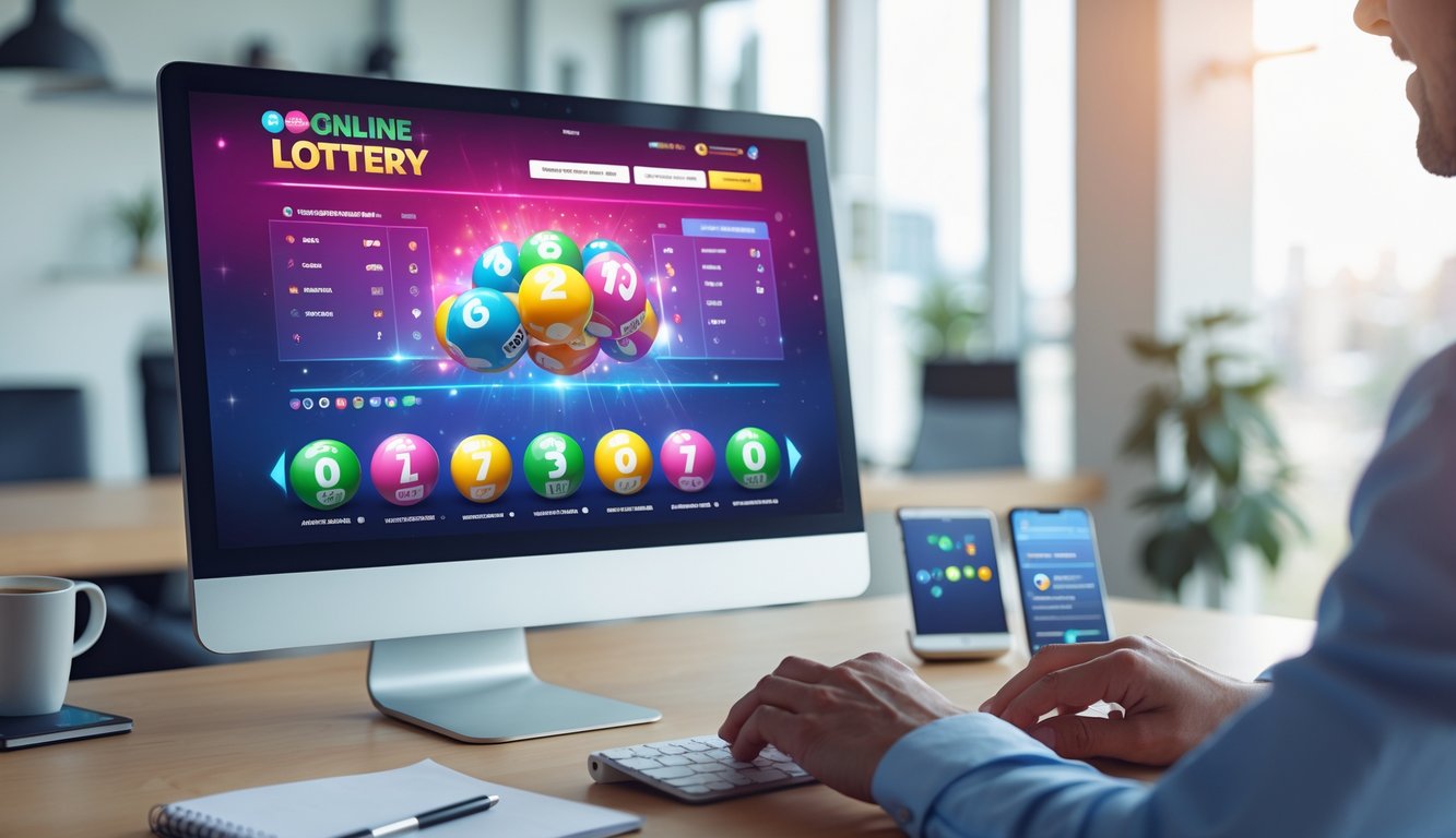 Seorang pengguna di depan komputer dengan layar menampilkan situs togel online, di ruang kerja yang rapi dan terang.