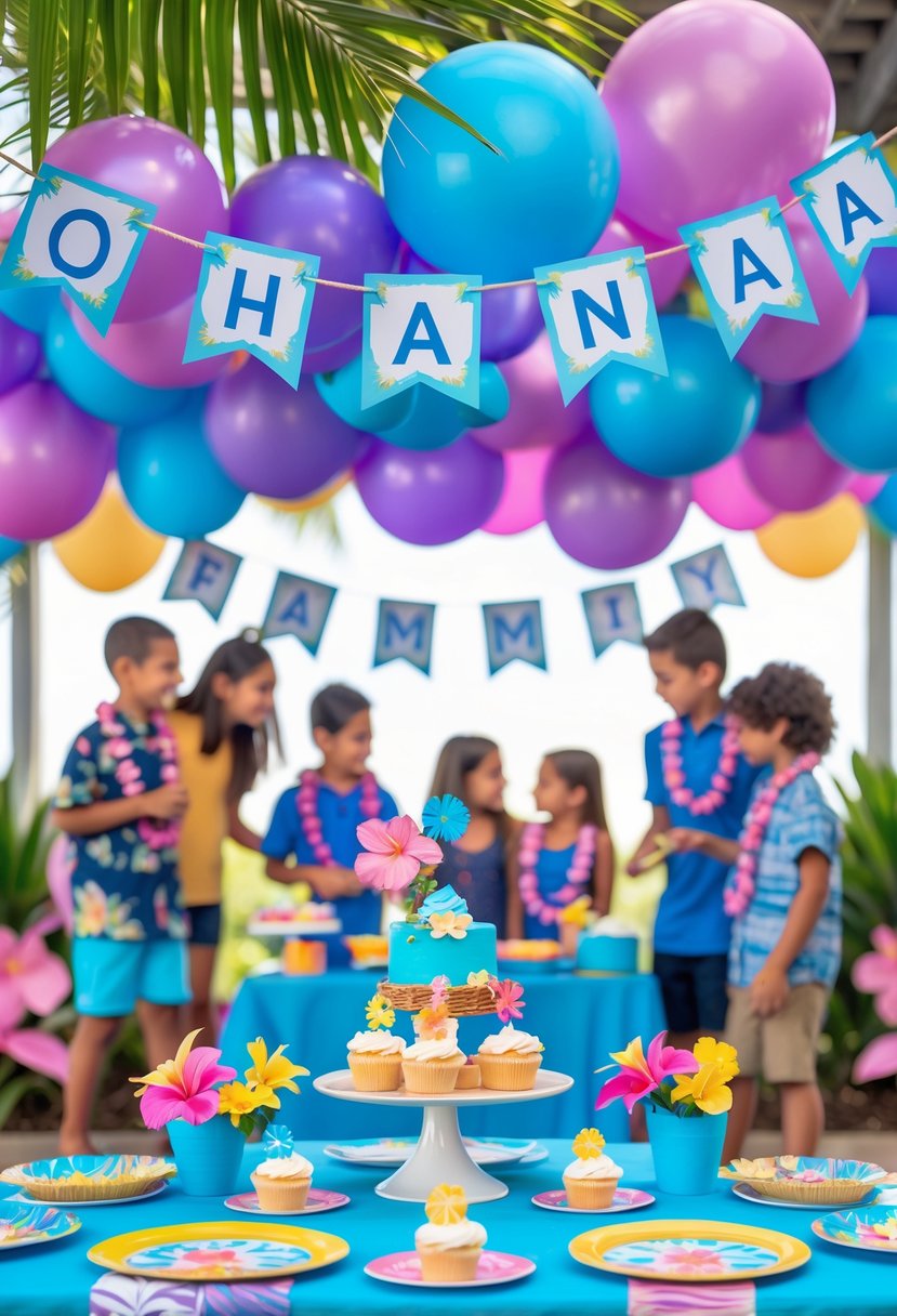 A brightly decorated birthday party with tropical-themed banners, balloons, flowers, and party table set up, with children and adults enjoying the celebration.