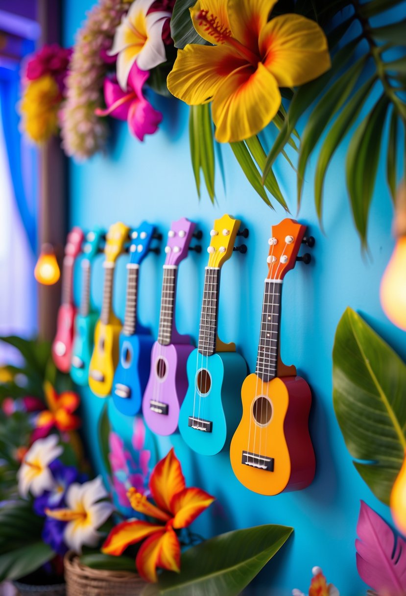 Mini ukulele wall hangings displayed on a colorful tropical wall decorated with Hawaiian flowers and birthday party decorations.