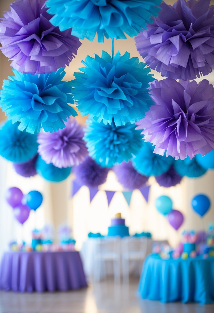 Blue and purple tissue paper pom-poms hanging as birthday party decorations.