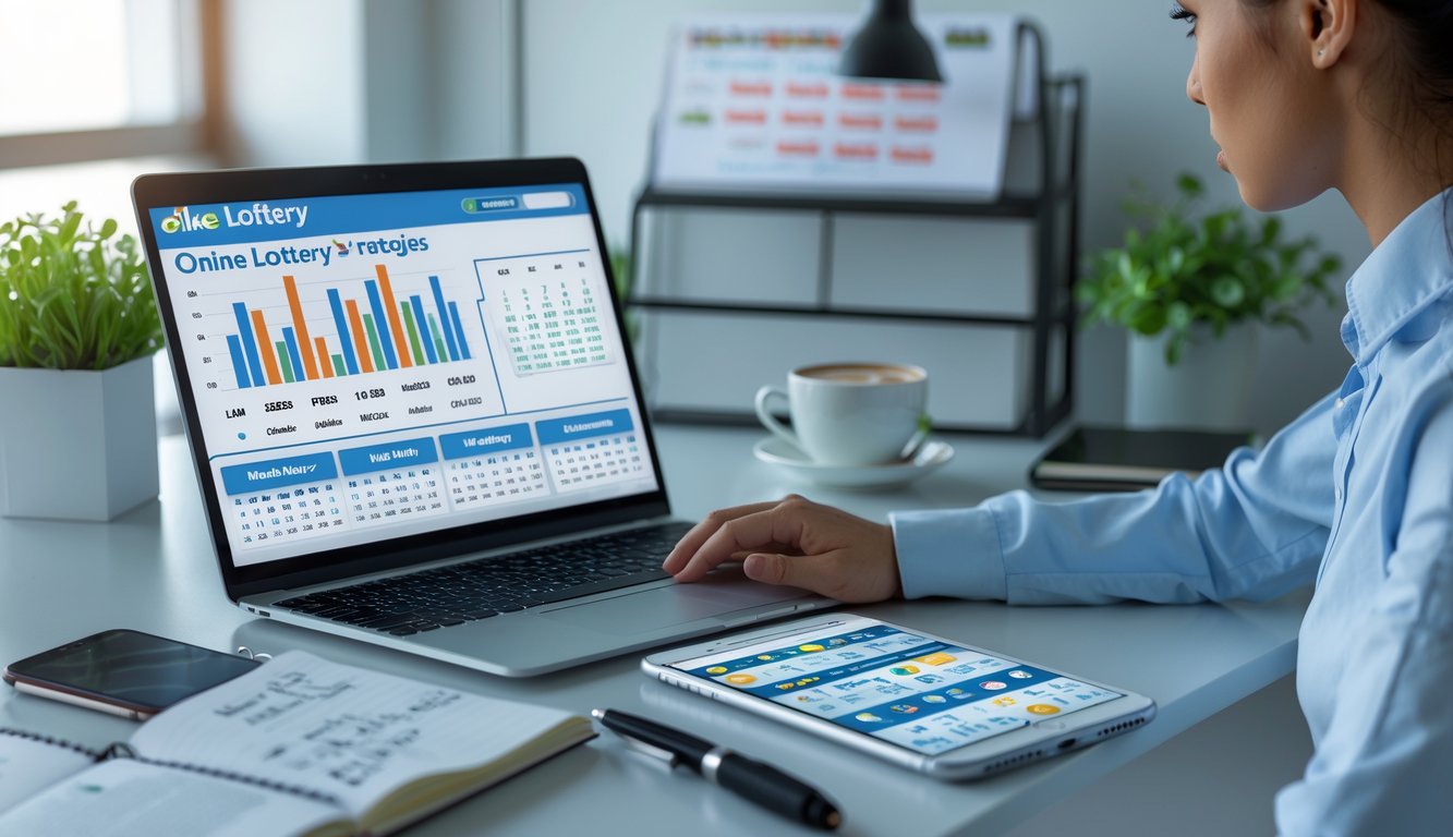 Seseorang duduk di meja kerja dengan laptop, menganalisis data dan mencatat strategi togel online.