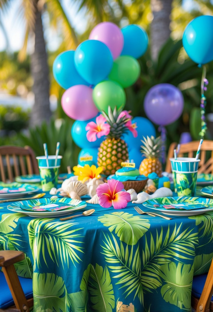 A birthday party table decorated with a palm print tablecloth and tropical decorations including flowers, pineapples, and colorful balloons.