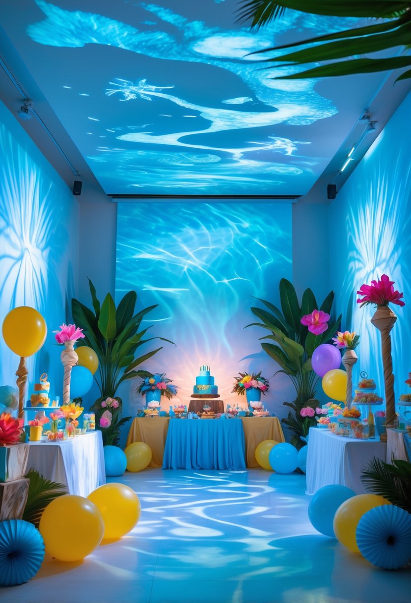 A colorful birthday party setup with ocean wave lighting and tropical decorations inspired by Lilo and Stitch, featuring balloons, flowers, and beach-themed decor.