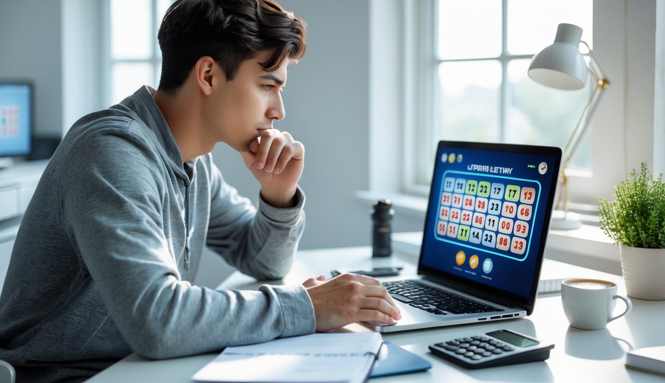 Seseorang duduk di meja kerja dengan laptop dan buku catatan, fokus belajar tentang permainan togel online.