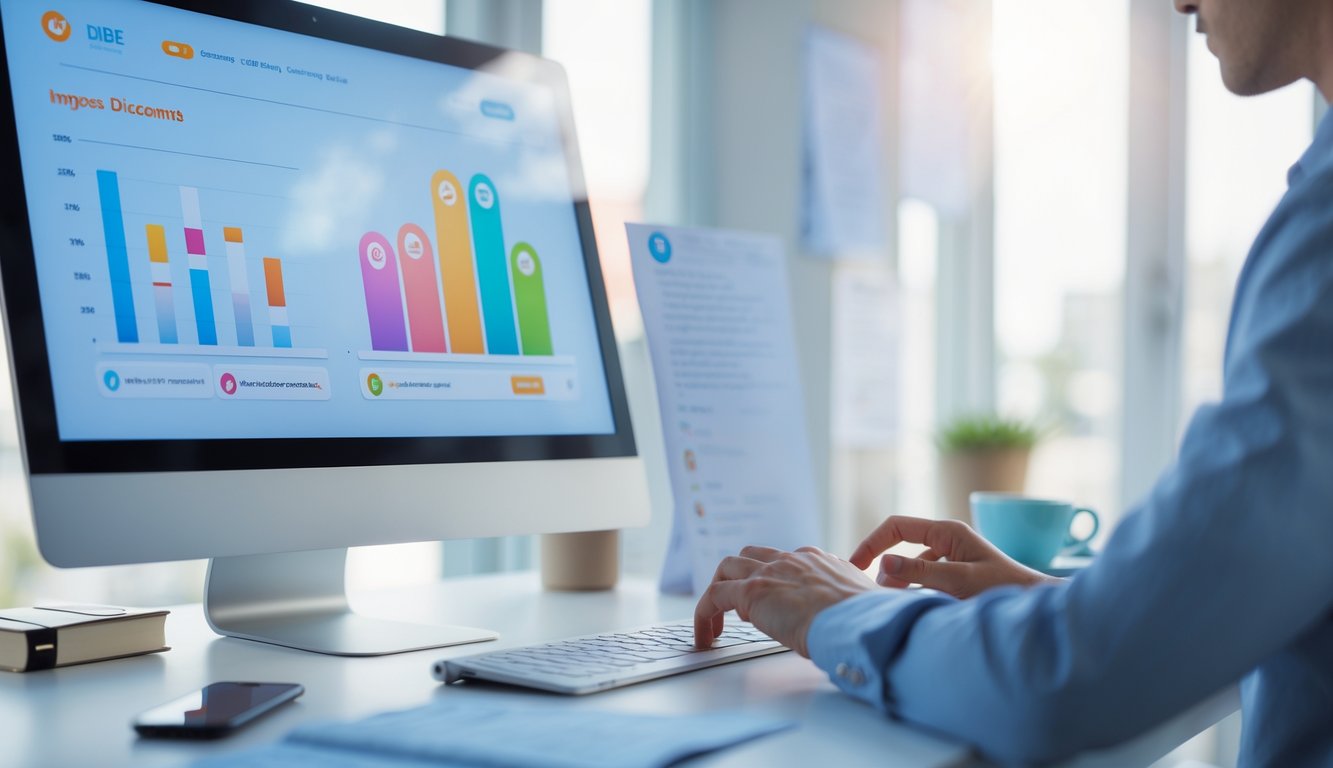 Seorang pengguna sedang menggunakan komputer dengan antarmuka situs togel online yang menampilkan grafik dan ikon diskon, di meja kerja yang rapi.