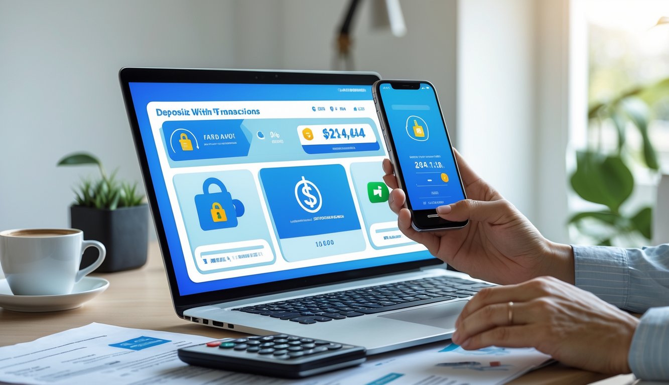 Seseorang menggunakan laptop dan ponsel untuk melakukan transaksi deposit dan withdraw secara online di ruang kerja yang rapi.