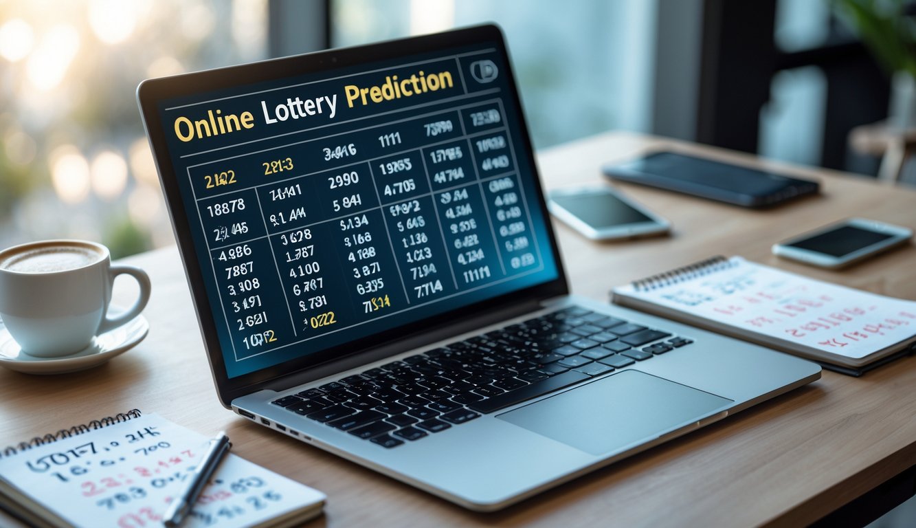 Sebuah meja kerja modern dengan laptop menampilkan angka dan grafik prediksi togel, dilengkapi dengan kopi, ponsel, dan catatan di sekitarnya.