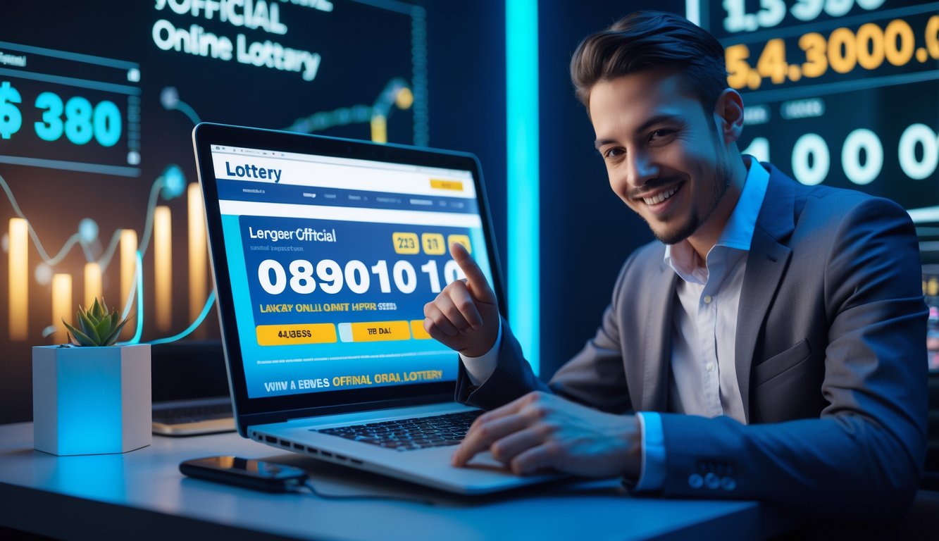 Seseorang sedang menggunakan laptop di meja kerja dengan tampilan antarmuka lotere online dan elemen digital yang menunjukkan hadiah besar.