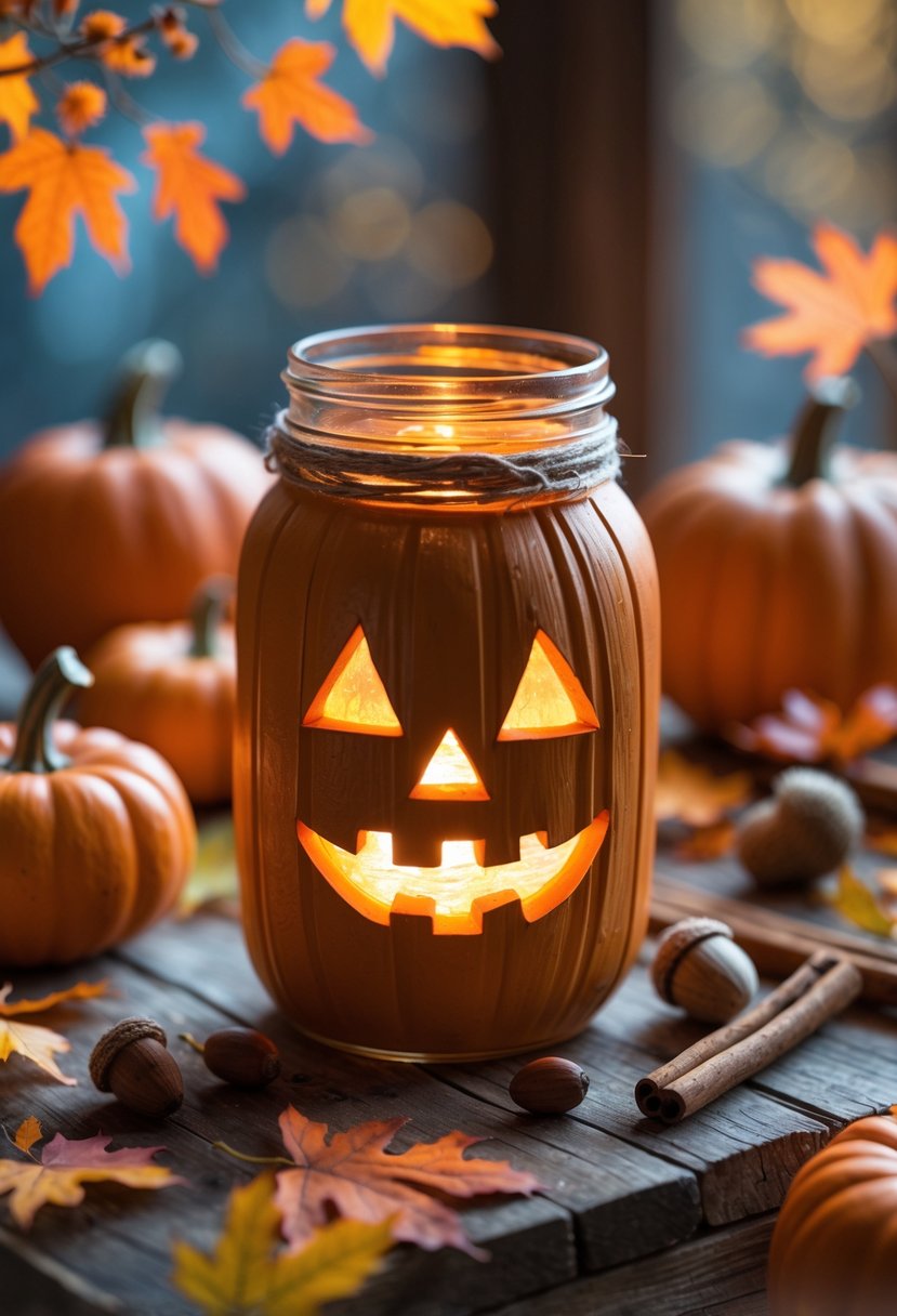 A mason jar decorated as a glowing pumpkin lantern surrounded by fall leaves and small pumpkins on a wooden surface.