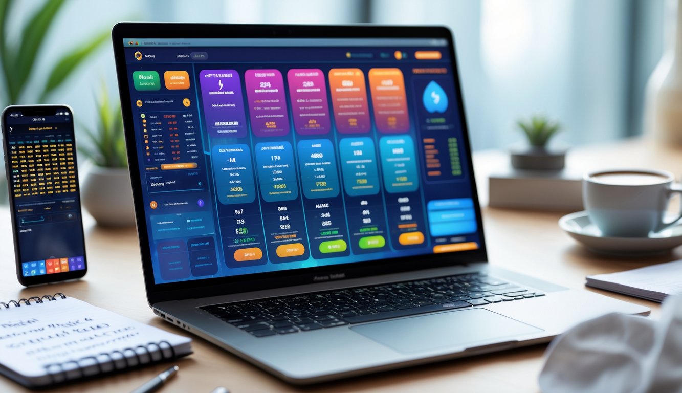 Meja kerja modern dengan laptop yang menampilkan antarmuka pasar togel online, smartphone, cangkir kopi, dan buku catatan.