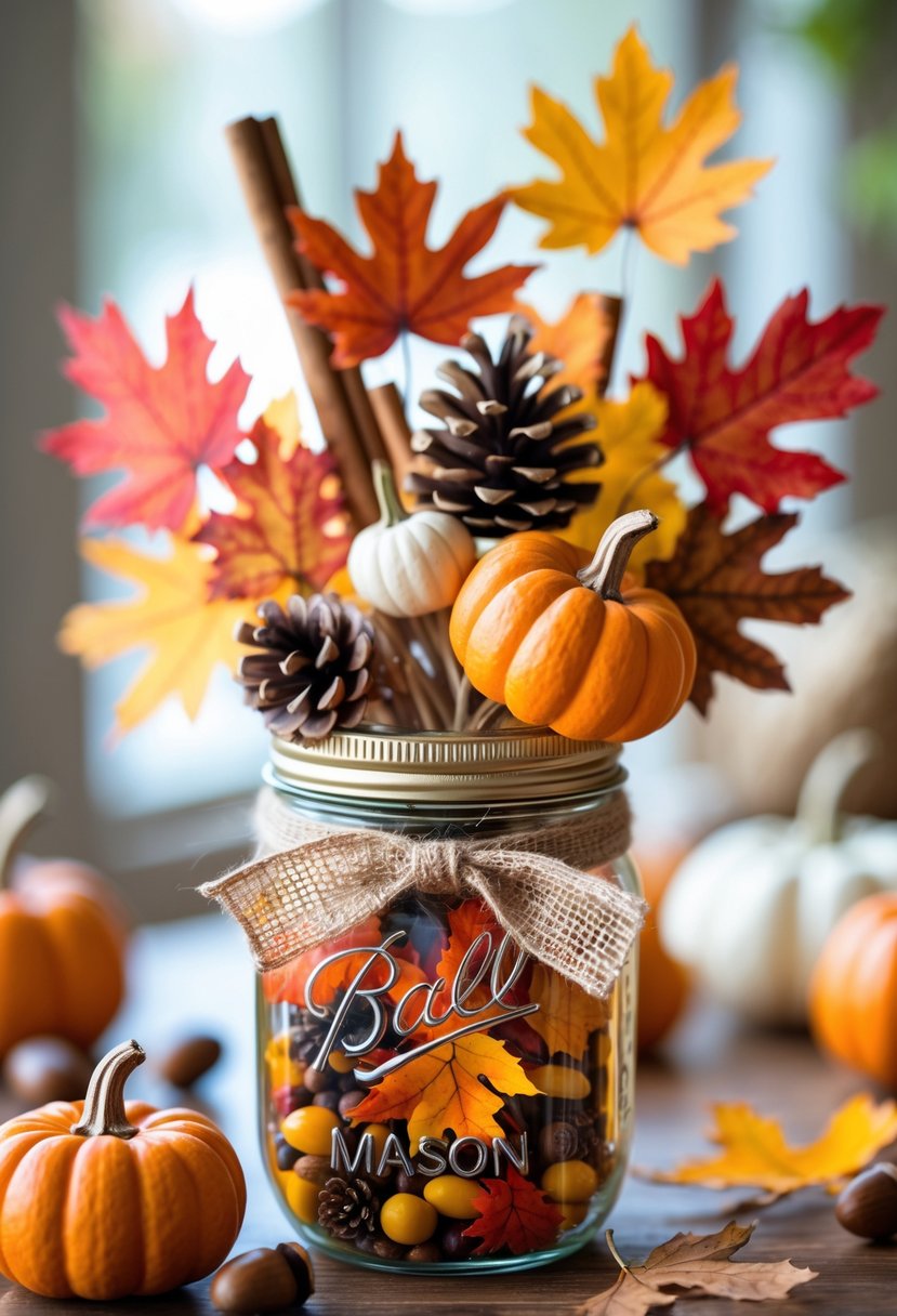 A mason jar decorated with fall leaves, small pumpkins, pine cones, and cinnamon sticks, arranged as a Thanksgiving centerpiece on a wooden table.