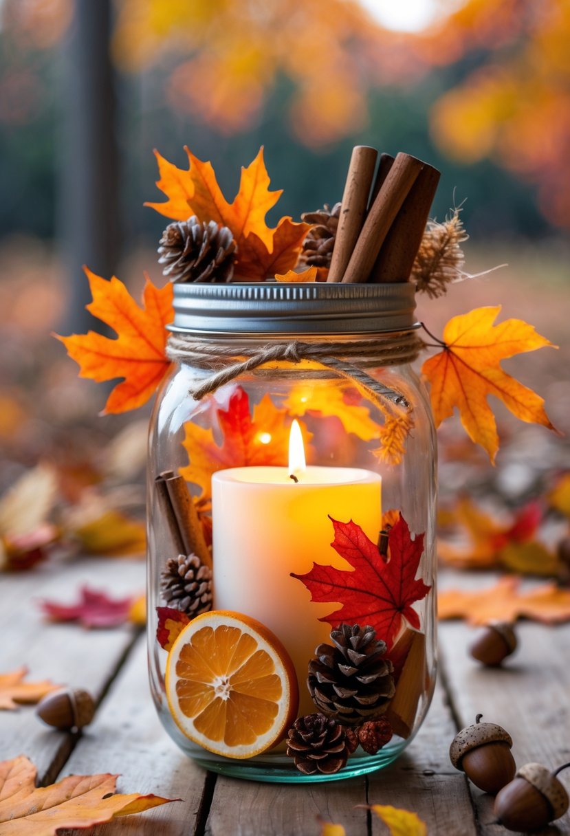 A mason jar candle holder decorated with autumn leaves, dried orange slices, and cinnamon sticks, glowing softly on a wooden table with fall leaves and acorns around it.