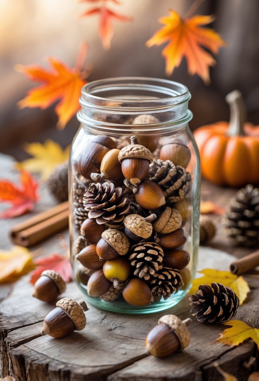 A clear mason jar filled with acorns and pinecones sitting on a wooden surface surrounded by fall leaves and small pumpkins.