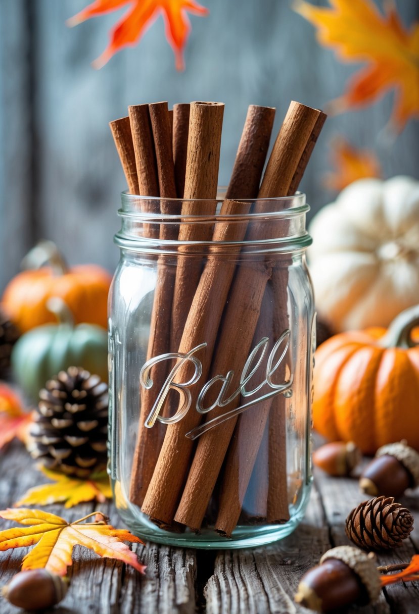 A mason jar filled with cinnamon sticks surrounded by fall leaves, pumpkins, pine cones, and acorns on a wooden surface.
