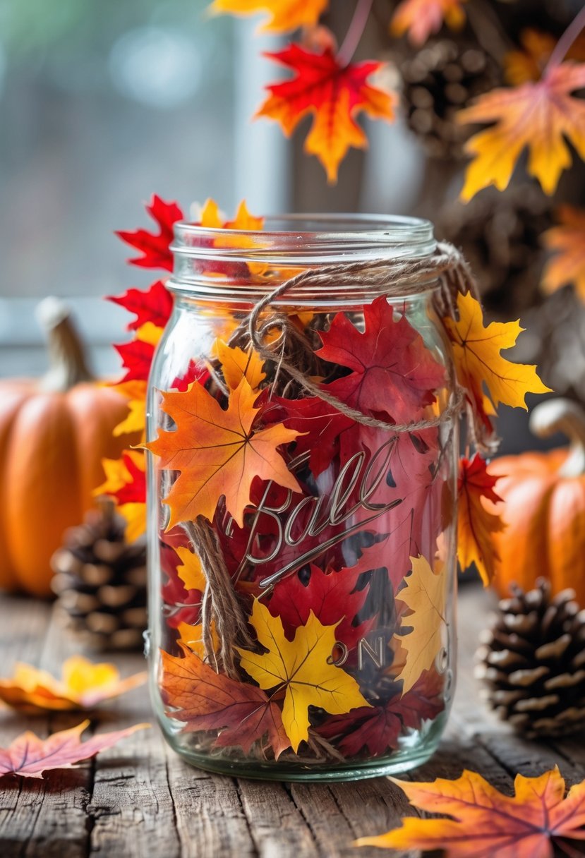 A 13-ounce Mason jar decorated with colorful maple leaf garlands on a wooden surface surrounded by fall-themed items.