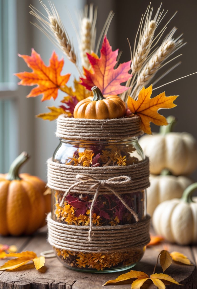 A mason jar wrapped with twine, filled with small pumpkins, autumn leaves, and dried grasses, sitting on a wooden surface with a warm autumn background.