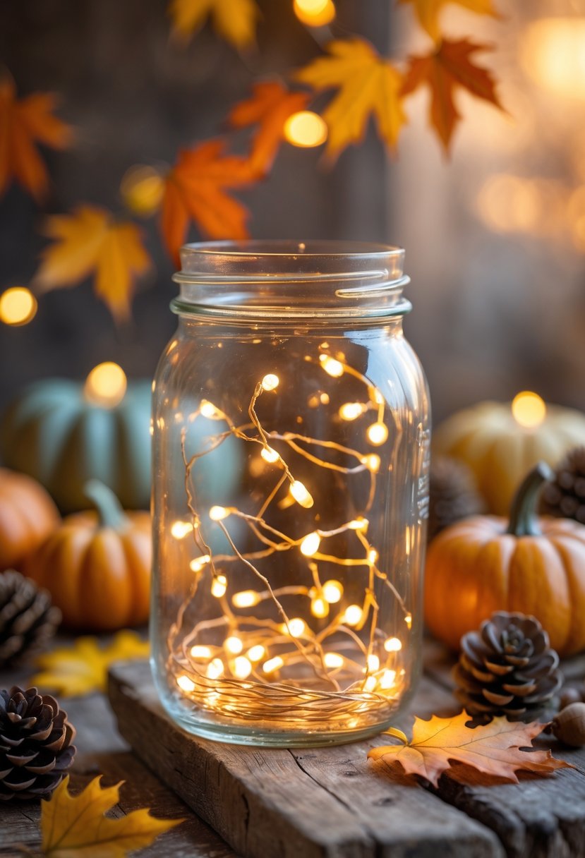 A glass mason jar filled with glowing fairy lights surrounded by fall leaves, small pumpkins, pine cones, and acorns on a wooden surface.