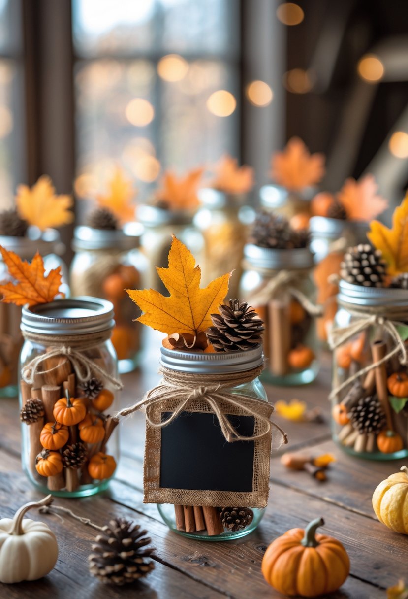 A collection of mason jars decorated with fall-themed items like leaves, pumpkins, and pinecones arranged on a wooden table.
