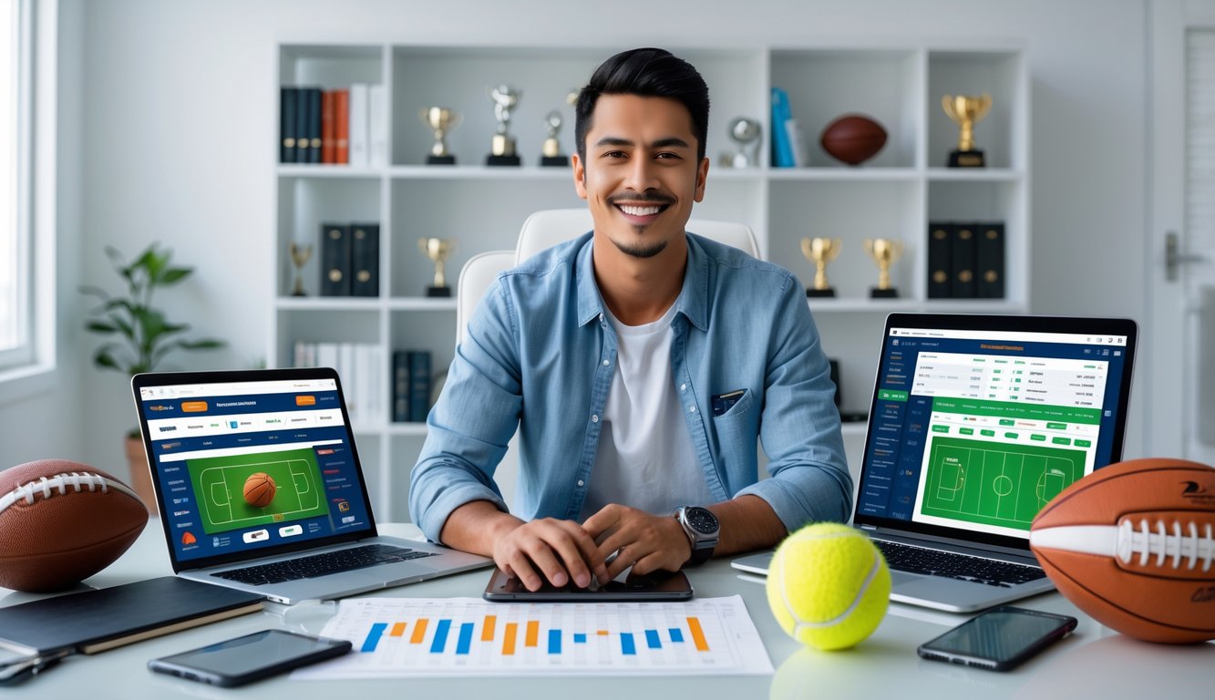 Seorang dewasa muda duduk di meja modern dengan beberapa perangkat digital yang menampilkan antarmuka taruhan olahraga, tersenyum dan fokus di ruang kerja rumah yang terang.