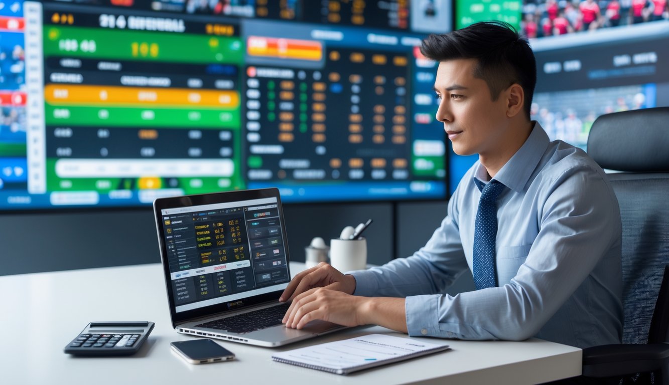Seorang pemula sedang belajar strategi taruhan olahraga dengan laptop dan catatan di meja kerja yang rapi.