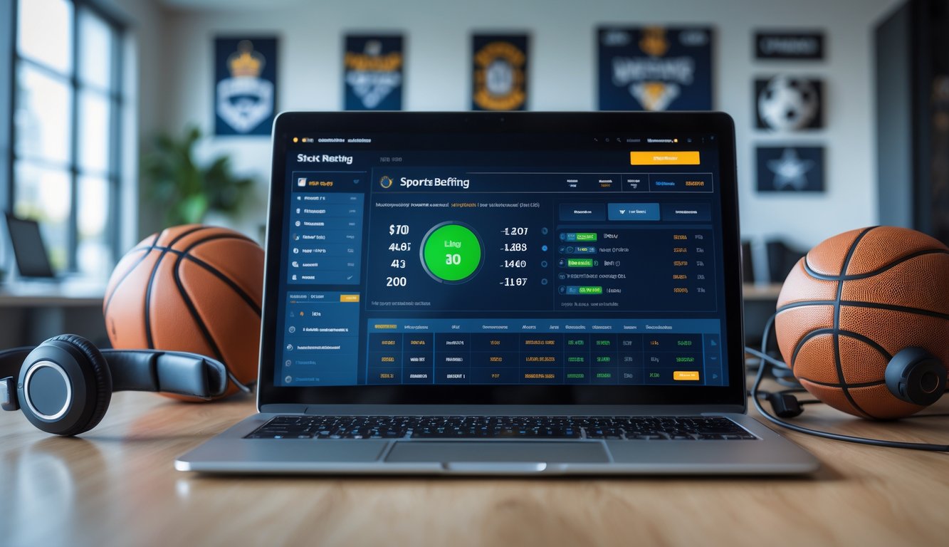 Seorang pria duduk di depan laptop yang menampilkan antarmuka taruhan olahraga dengan bola sepak dan bola basket di sekitarnya di ruang kerja modern.