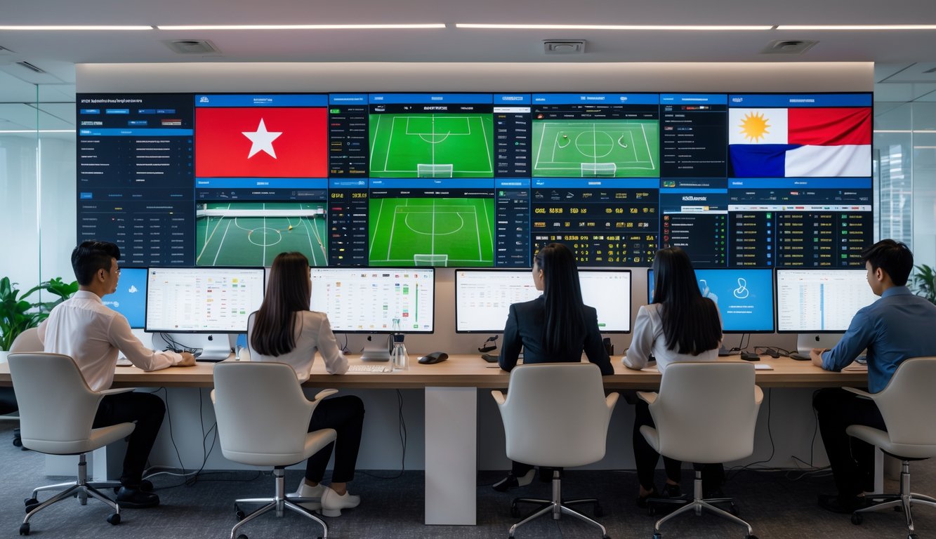 Sekelompok profesional muda sedang menganalisis data olahraga di kantor modern dengan layar komputer besar dan elemen budaya Indonesia.