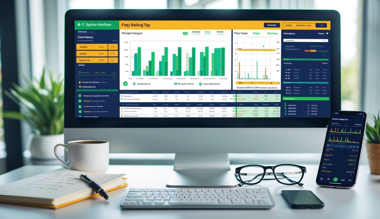 Meja kerja dengan komputer yang menampilkan statistik pertandingan olahraga, buku catatan, ponsel dengan skor pertandingan, dan cangkir kopi.