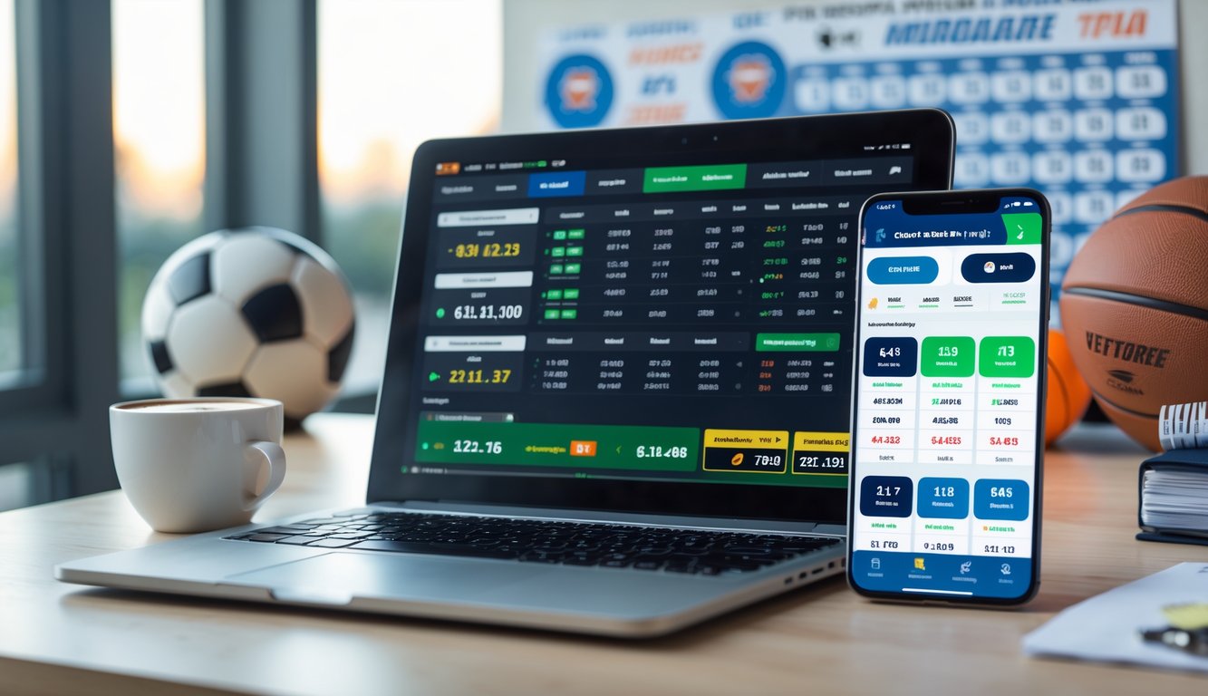 Meja kerja dengan laptop dan ponsel yang menampilkan aplikasi taruhan olahraga, dilengkapi dengan bola sepak dan bola basket di latar belakang.