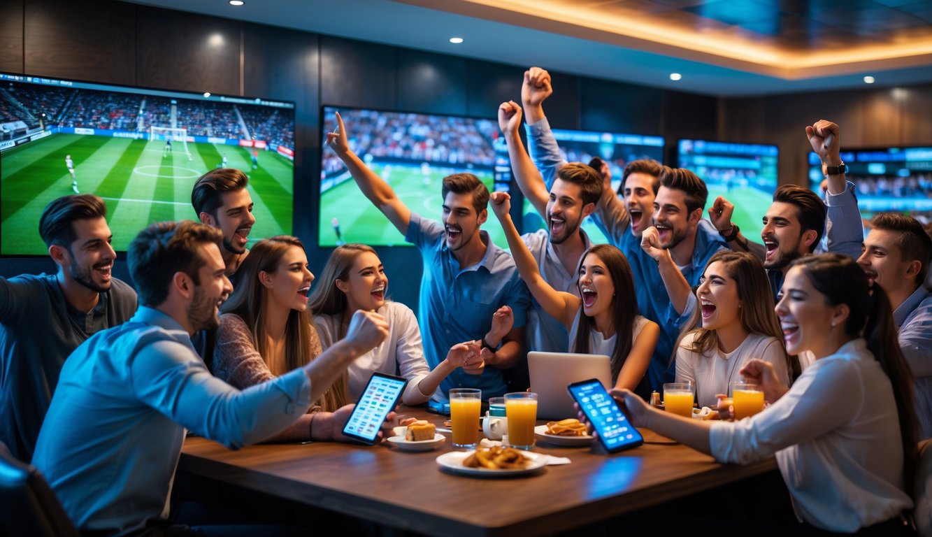 Sekelompok orang muda yang bersemangat menonton pertandingan olahraga langsung sambil menggunakan aplikasi taruhan di ponsel mereka.