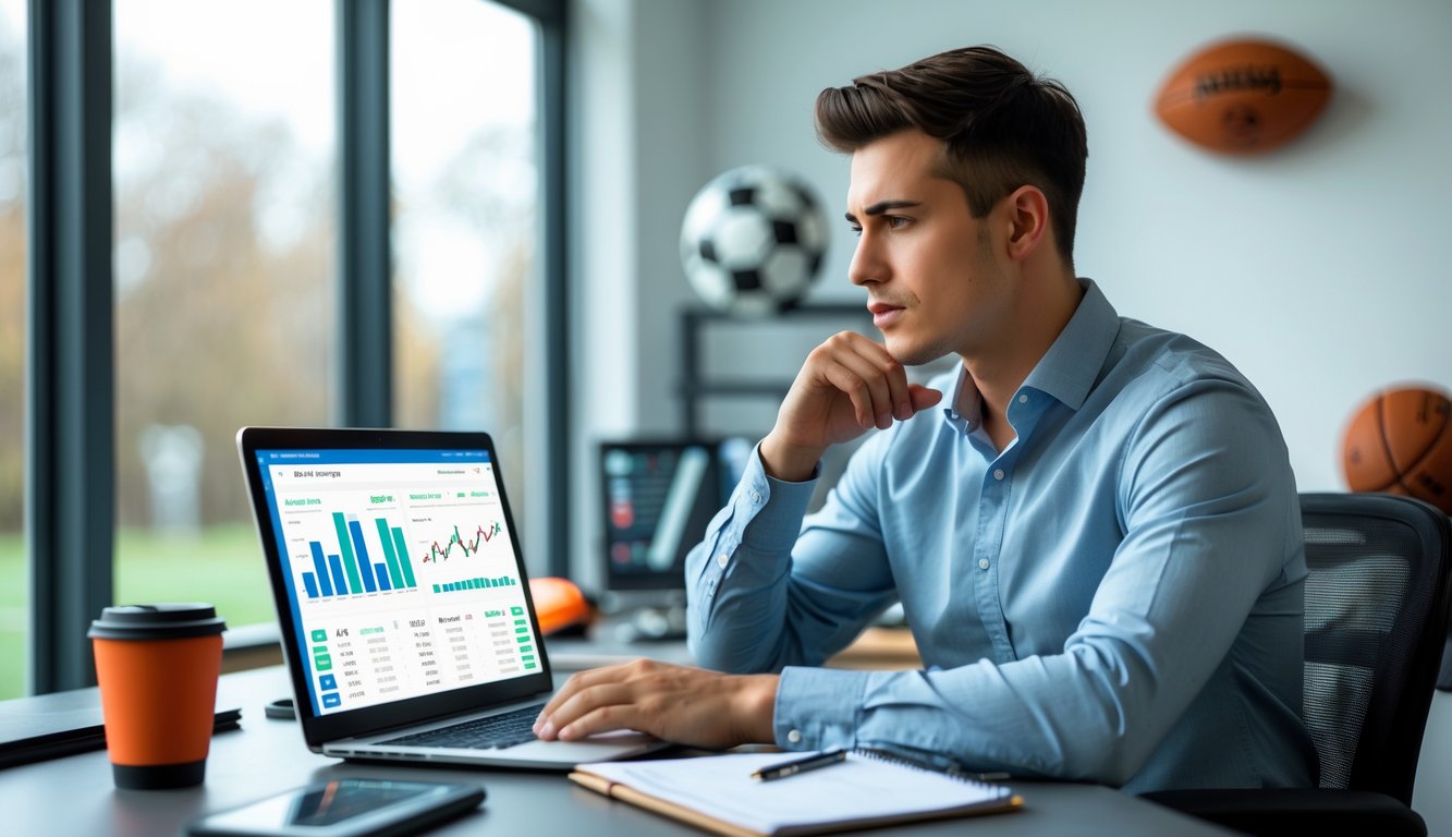 Seorang pria muda duduk di meja dengan laptop, menganalisis data taruhan olahraga di lingkungan kantor yang rapi.
